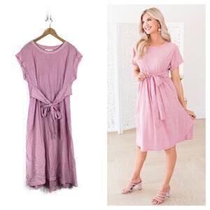 Xirena Pink Striped Short Sleeve Tie Waist Gauzy Cotton Midi Dress Large